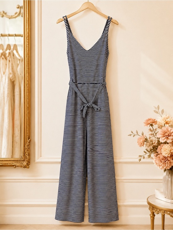 Monteau Pants - Monteau Los Angeles S Navy White Striped Wide Leg Jumpsuit Tie Waist